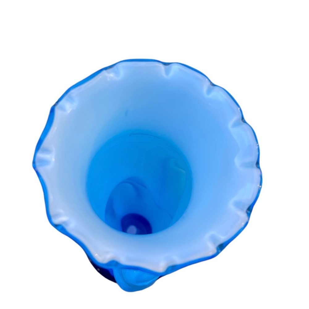Vintage Fenton Art Blue Overlay Milk Glass Ripple Hand Vase Torch RARE 8.5” - Picture 5 of 6